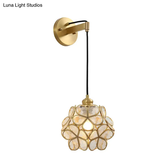 Modernist 1-Bulb Bedside Sconce Light: Brass Floral Ball Wall Lamp With Glass Shades