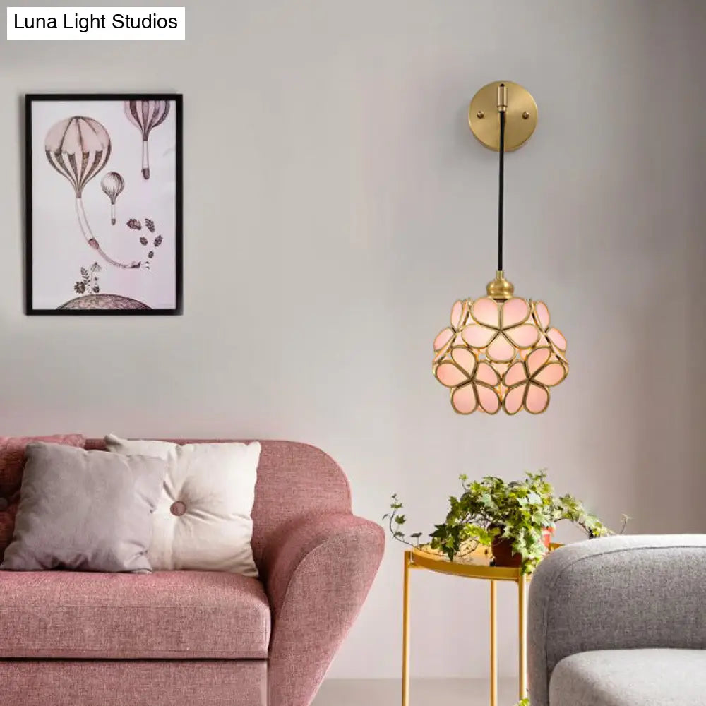 Modernist 1-Bulb Bedside Sconce Light: Brass Floral Ball Wall Lamp With Glass Shades