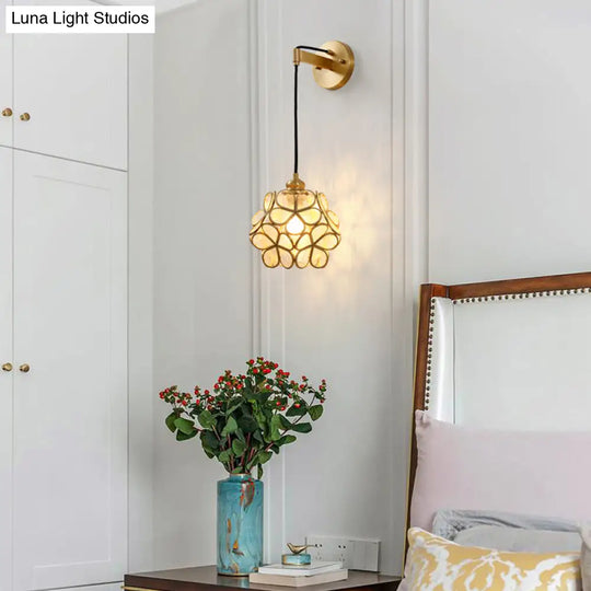 Modernist 1-Bulb Bedside Sconce Light: Brass Floral Ball Wall Lamp With Glass Shades