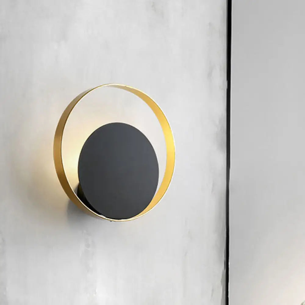 Modernist 1-Head Black And Gold Led Wall Lamp - Metallic Round Sconce Light Fixture For Corner