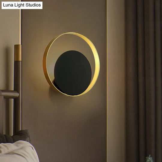 Modernist 1-Head Black And Gold Led Wall Lamp - Metallic Round Sconce Light Fixture For Corner