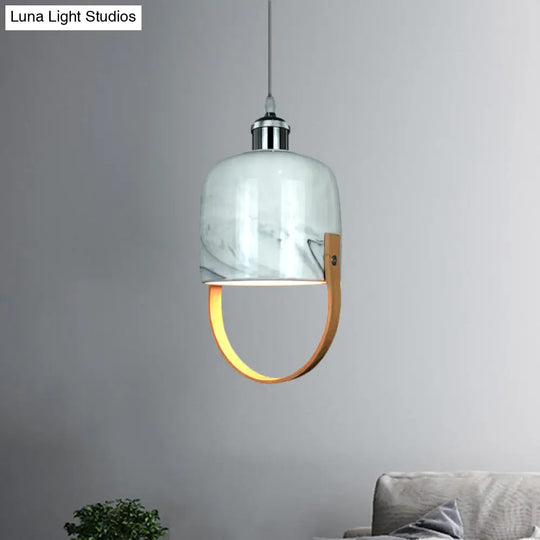 Modernist White Ceramic Pendant Light With Wood Handle