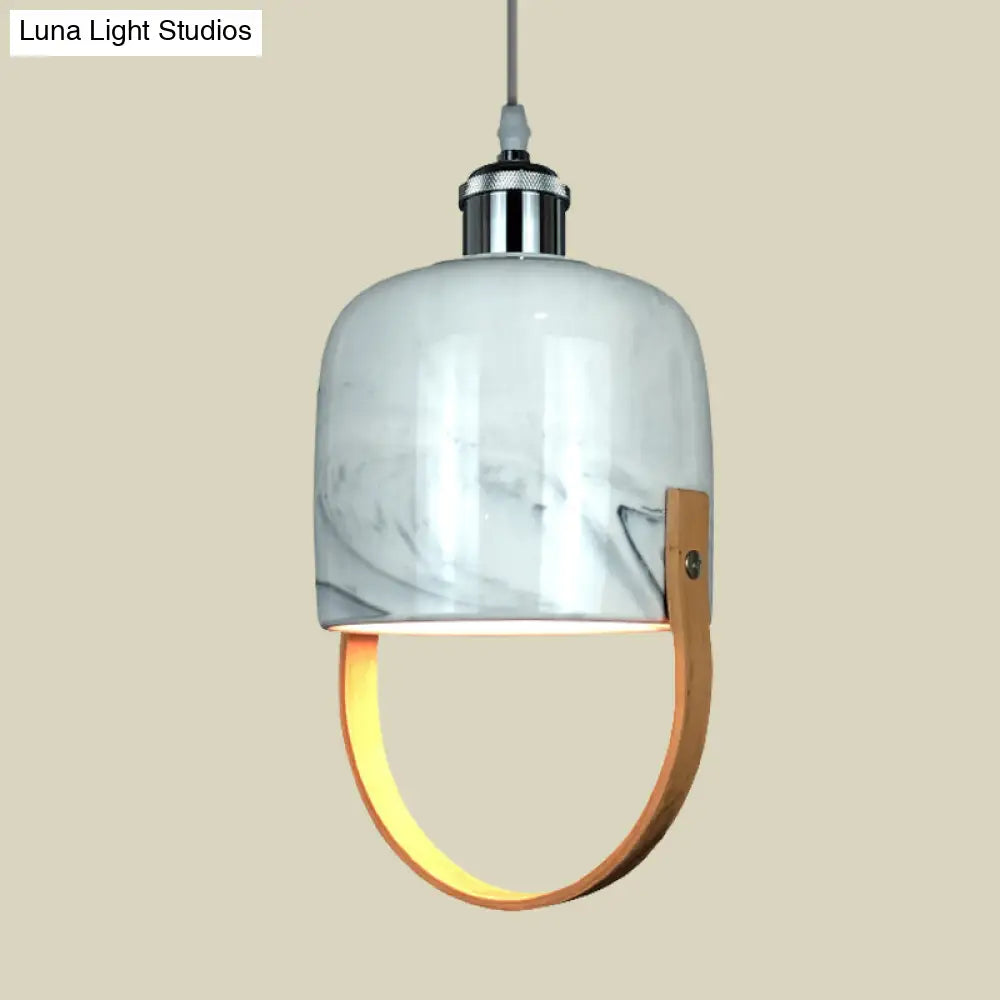 Modernist 1-Head Ceramic Pendant Light With Wood Handle - White Cup Shaped Drop Ceiling Lamp Fixture