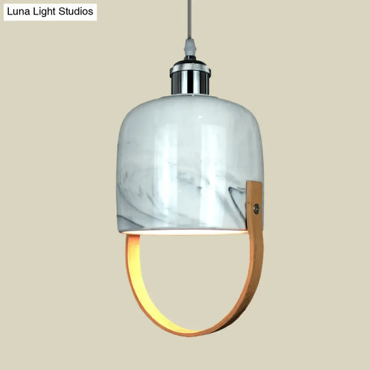 Modernist 1-Head Ceramic Pendant Light With Wood Handle - White Cup Shaped Drop Ceiling Lamp Fixture