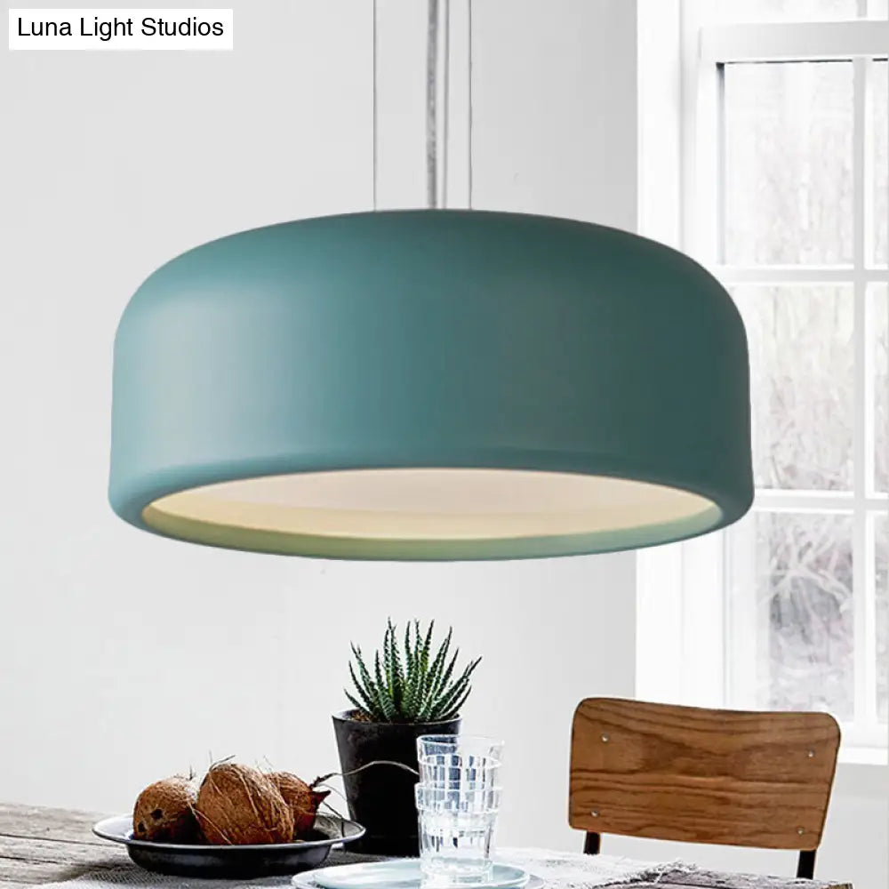 Modernist Metal Drum Pendant In Pink/Blue/Green - 1 Light Bedroom Hanging Kit 14/19/23.5 Wide