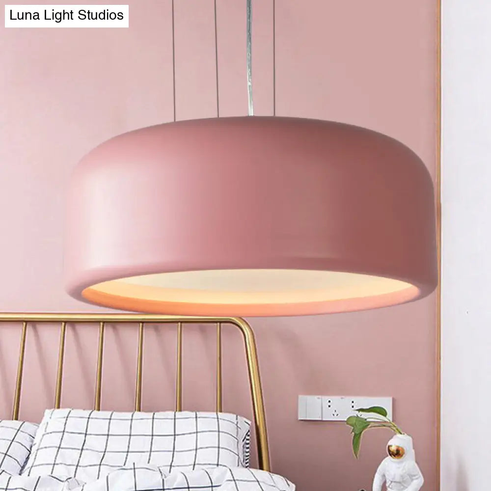 Modernist Metal Drum Pendant In Pink/Blue/Green - 1 Light Bedroom Hanging Kit 14/19/23.5 Wide Pink /