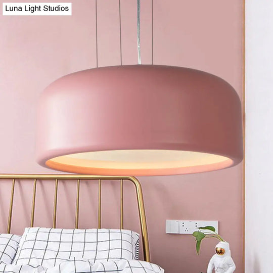 Modernist Metal Drum Pendant In Pink/Blue/Green - 1 Light Bedroom Hanging Kit 14/19/23.5 Wide Pink /