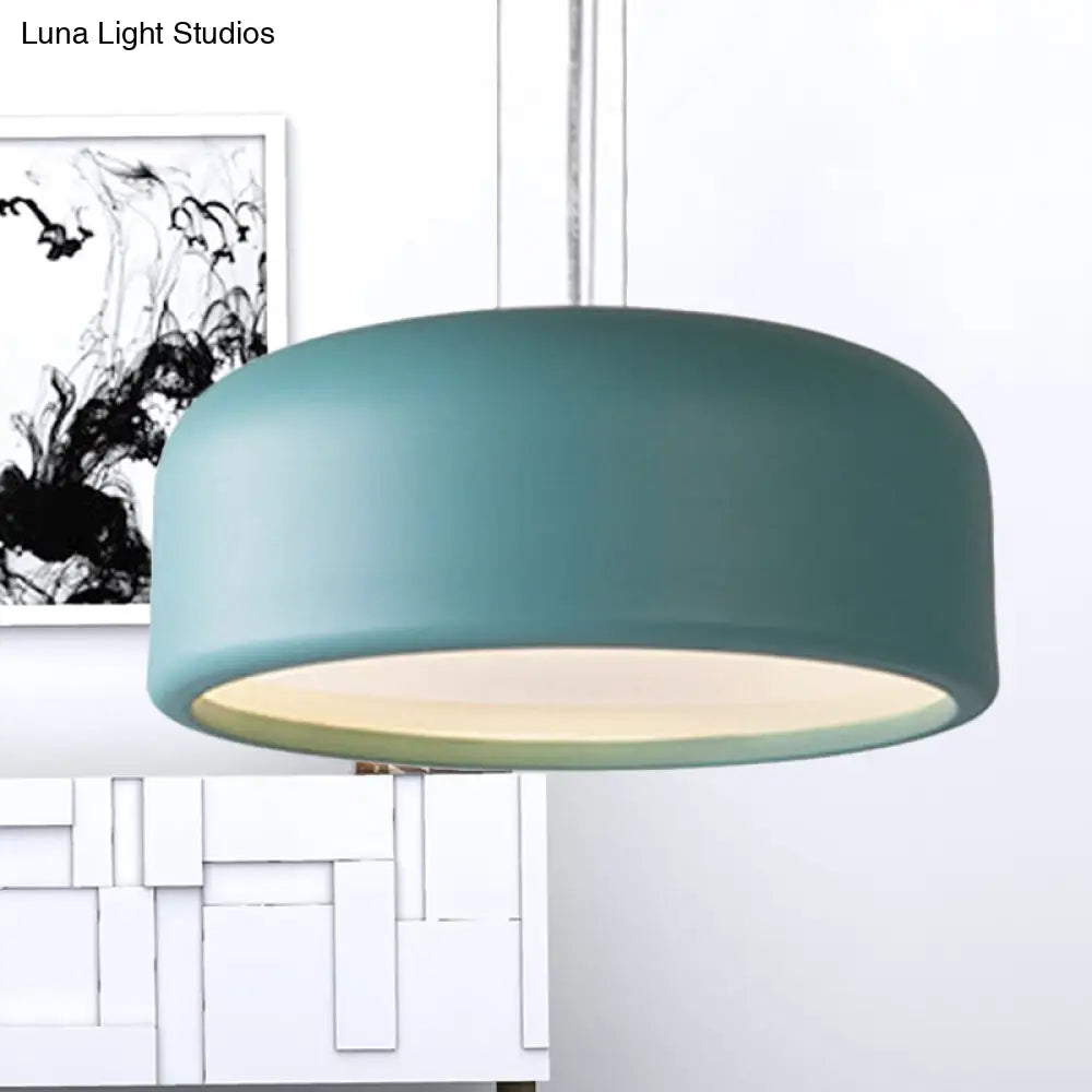 Modernist Metal Drum Pendant In Pink/Blue/Green - 1 Light Bedroom Hanging Kit 14/19/23.5 Wide