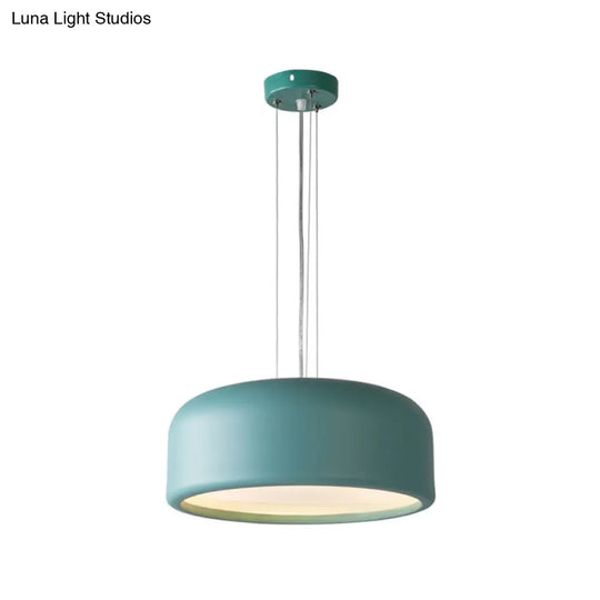 Modernist Metal Drum Pendant In Pink/Blue/Green - 1 Light Bedroom Hanging Kit 14/19/23.5 Wide