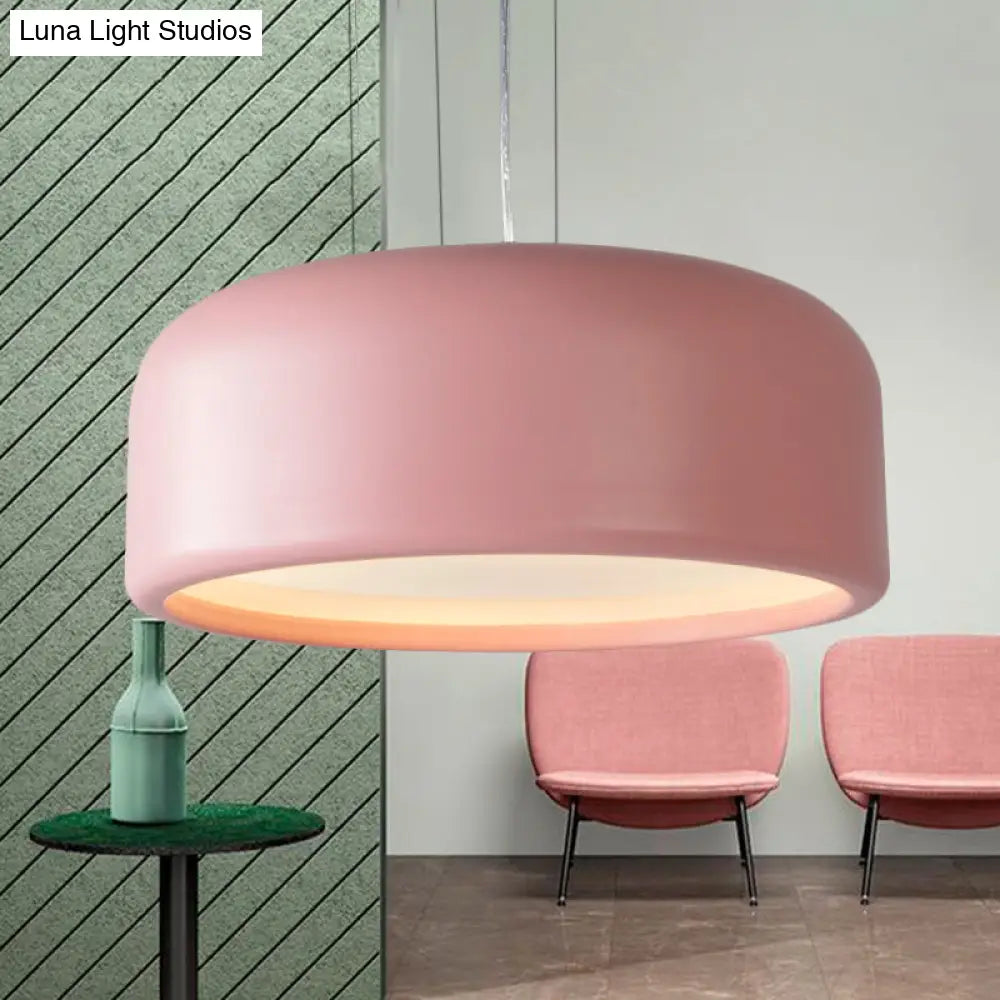 Modernist Metal Drum Pendant In Pink/Blue/Green - 1 Light Bedroom Hanging Kit 14/19/23.5 Wide