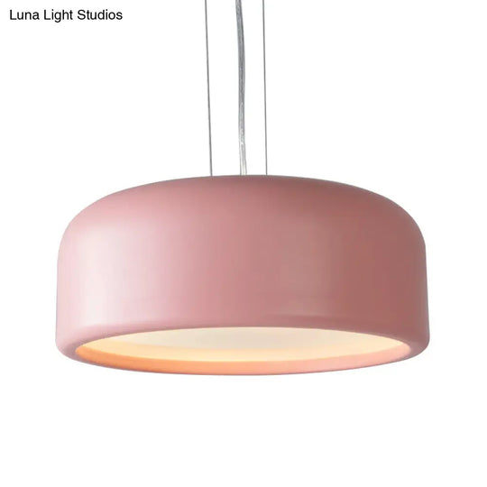 Modernist Metal Drum Pendant In Pink/Blue/Green - 1 Light Bedroom Hanging Kit 14/19/23.5 Wide