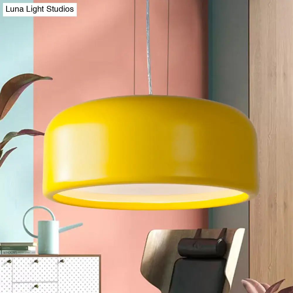 Modernist Metal Drum Pendant In Pink/Blue/Green - 1 Light Bedroom Hanging Kit 14/19/23.5 Wide Yellow