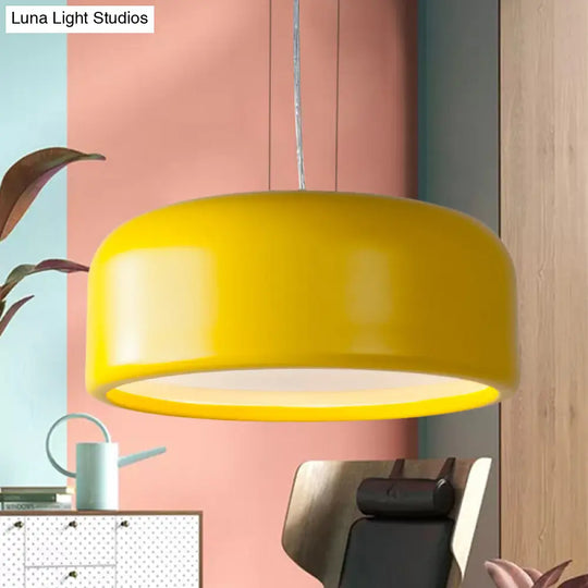 Modernist Metal Drum Pendant In Pink/Blue/Green - 1 Light Bedroom Hanging Kit 14/19/23.5 Wide Yellow