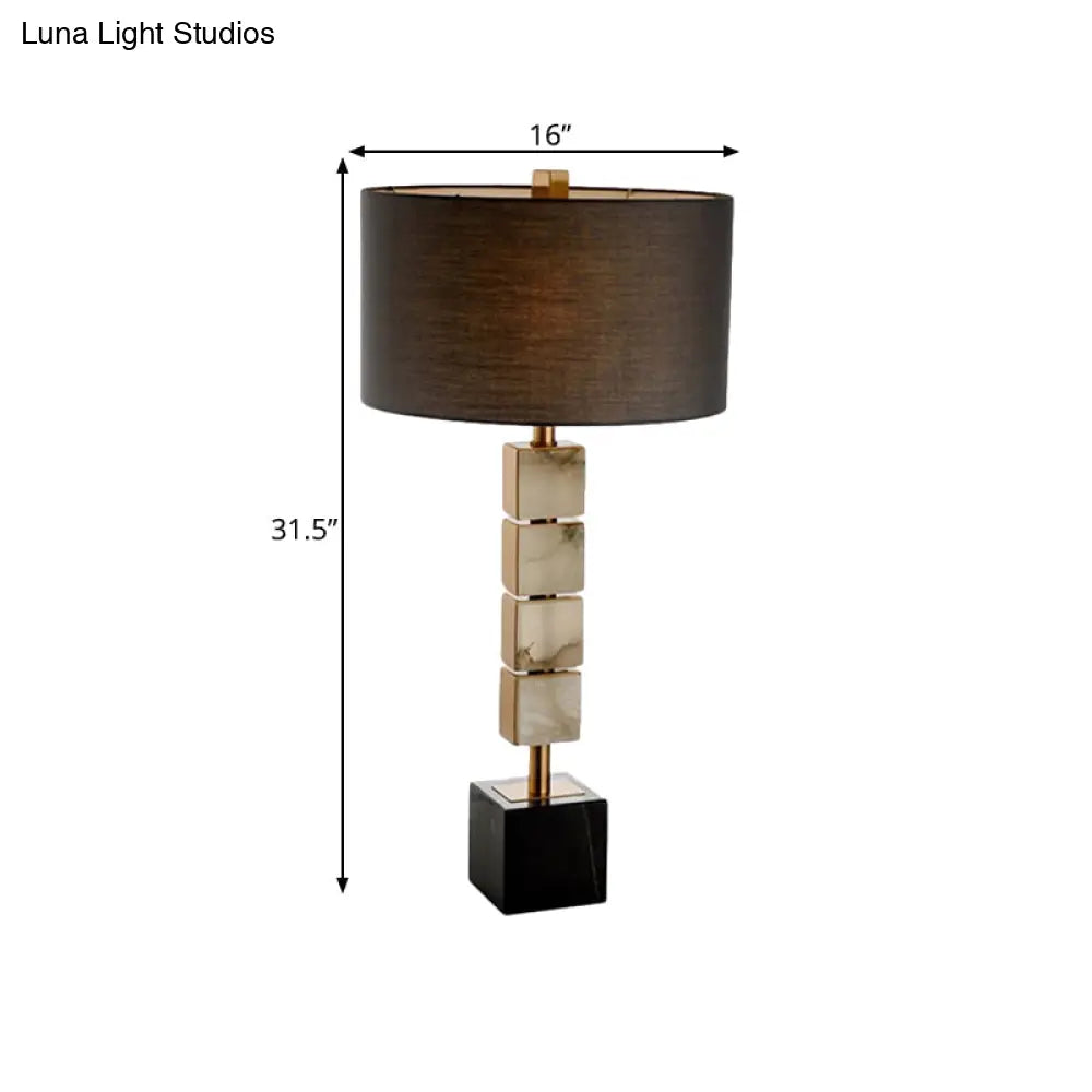 Modernist 1-Light Brown Desk Lamp With Cube Marble Base - Drum Fabric Table Lighting