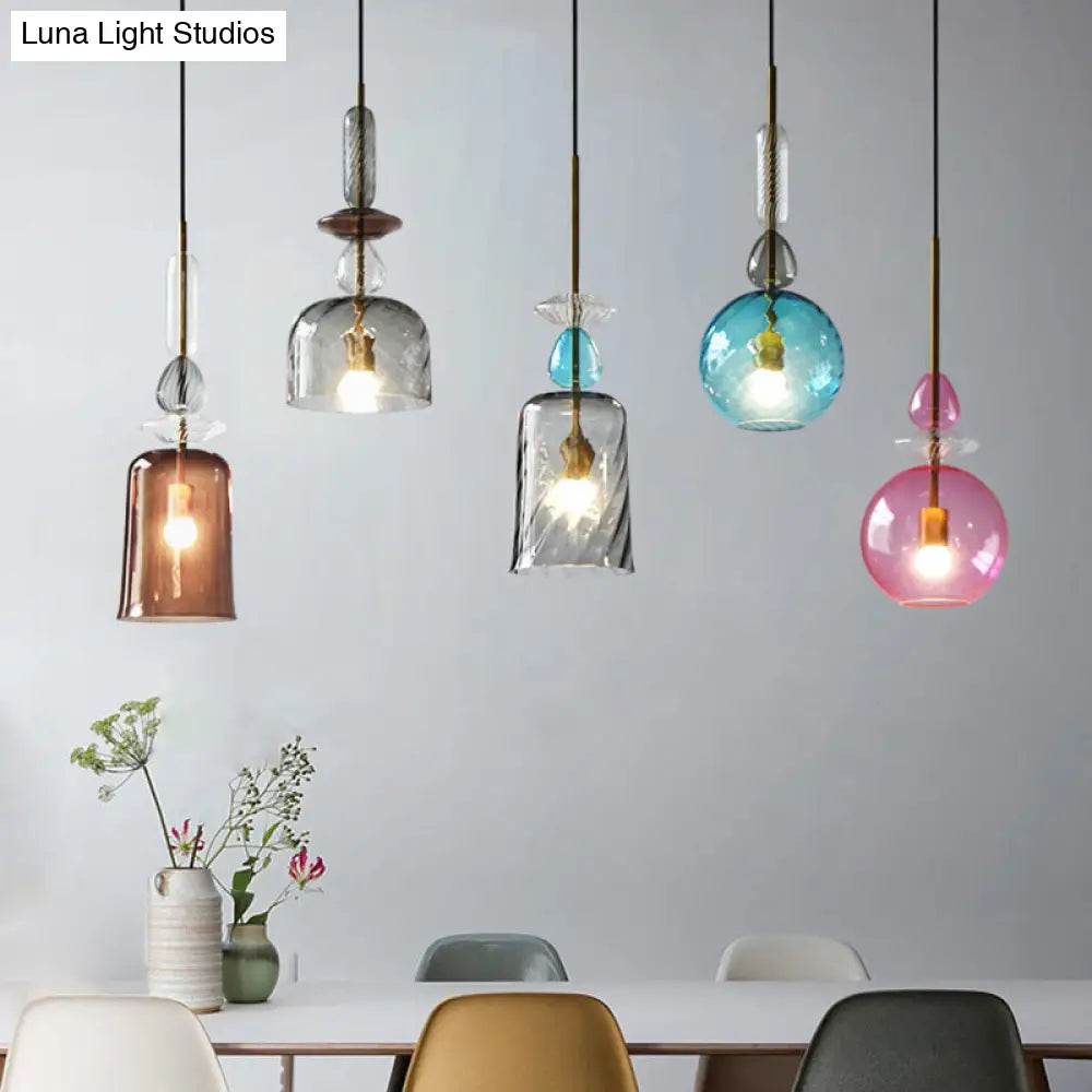 Modernist 1-Light Suspension Pendant With Pink/Blue/Amber Globe/Cylindrical/Dome Design -