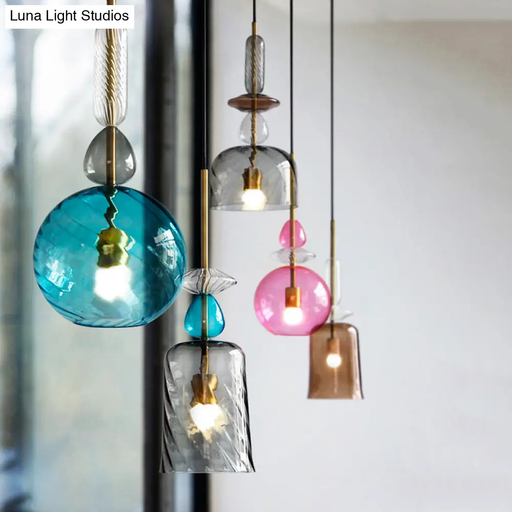 Modernist 1-Light Suspension Pendant With Pink/Blue/Amber Globe/Cylindrical/Dome Design -