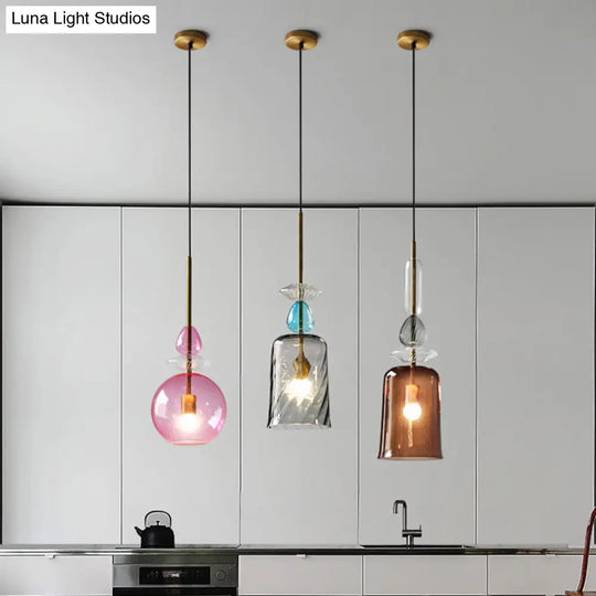 Modernist 1-Light Suspension Pendant With Pink/Blue/Amber Globe/Cylindrical/Dome Design -