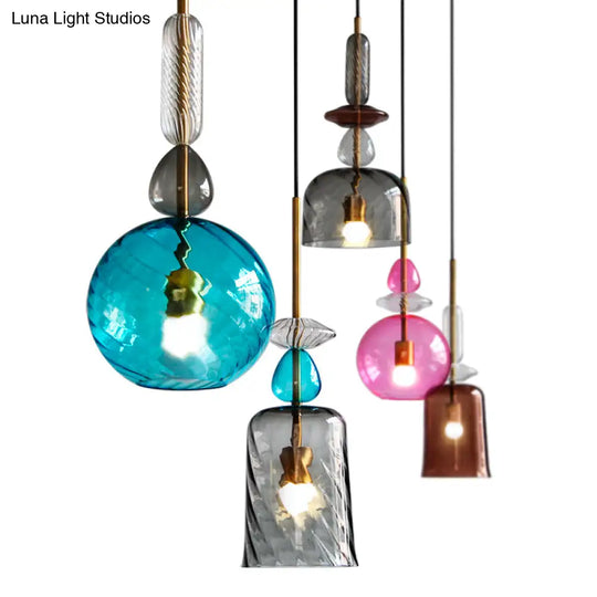 Modernist 1-Light Suspension Pendant With Pink/Blue/Amber Globe/Cylindrical/Dome Design -