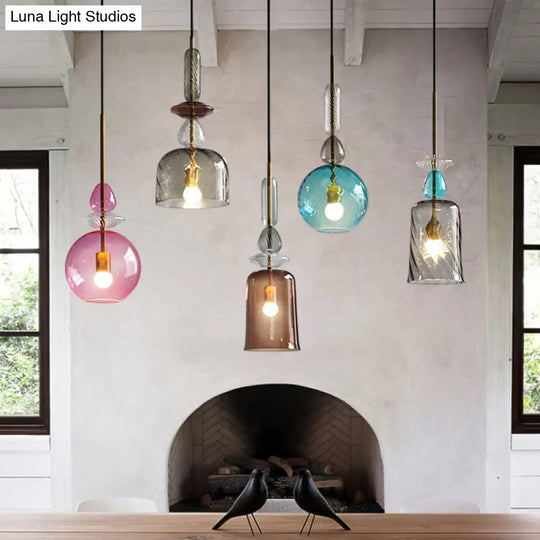 Modernist 1-Light Suspension Pendant With Pink/Blue/Amber Globe/Cylindrical/Dome Design -