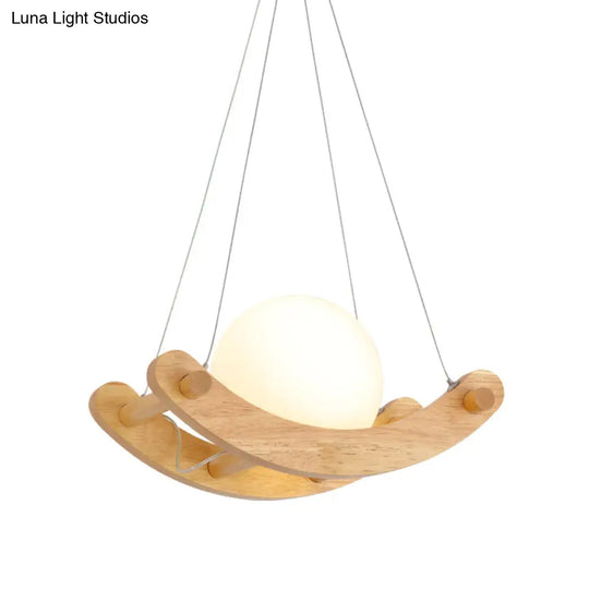 Modern Beige Arced Pendant Lamp With Wood Shade - 1 Light Hanging Ceiling Fixture