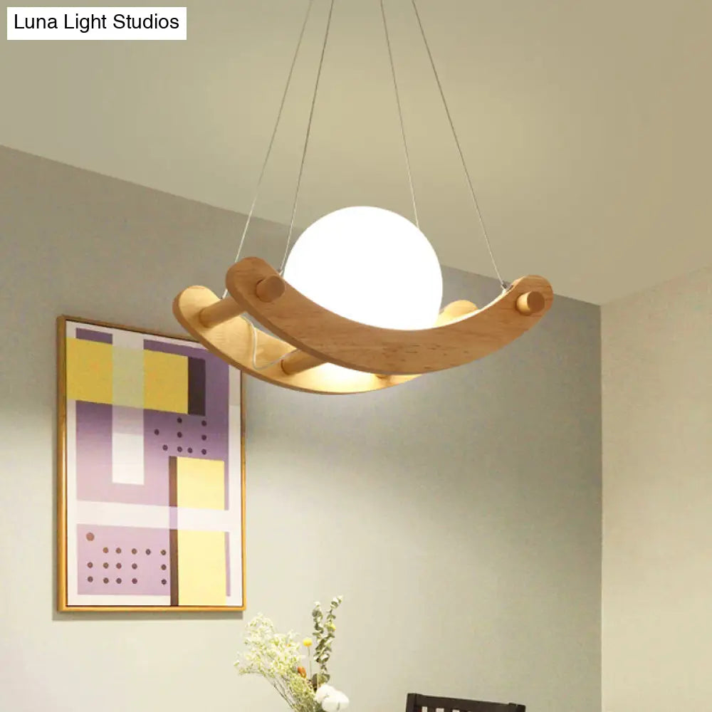 Modern Beige Arced Pendant Lamp With Wood Shade - 1 Light Hanging Ceiling Fixture