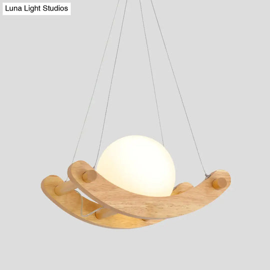 Modern Beige Arced Pendant Lamp With Wood Shade - 1 Light Hanging Ceiling Fixture