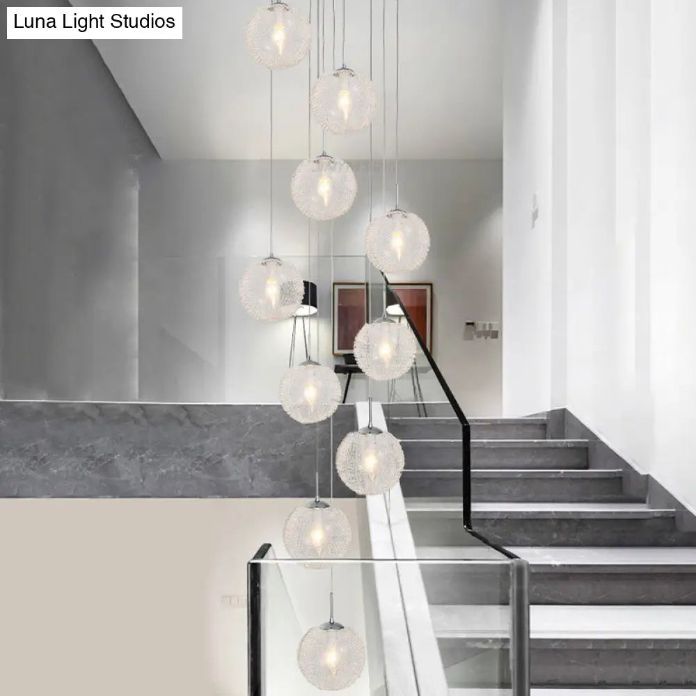 Modern Global Clear Glass Led Pendant Light With 10 Heads For Stairs In White