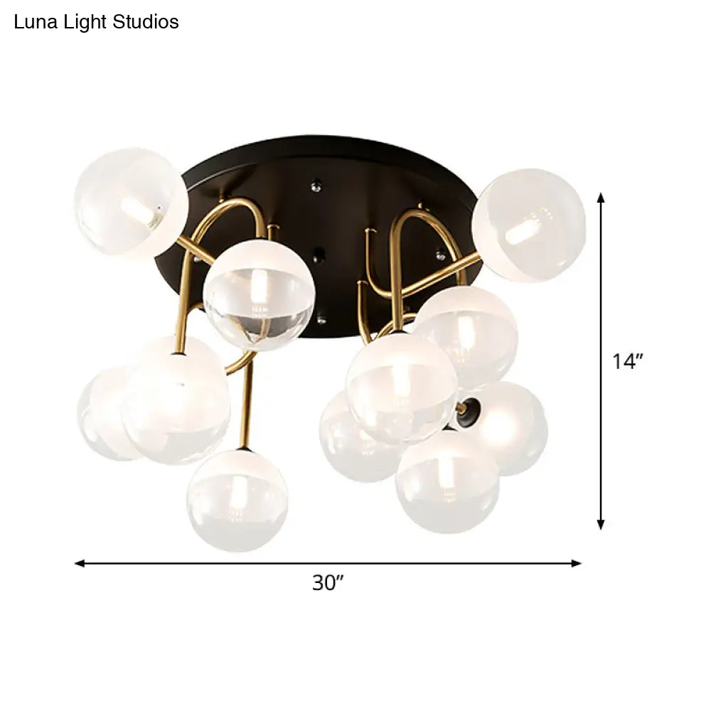 Modernist 12-Head White Glass Globe Flush Lighting In Brass - Ideal For Living Room Ceiling