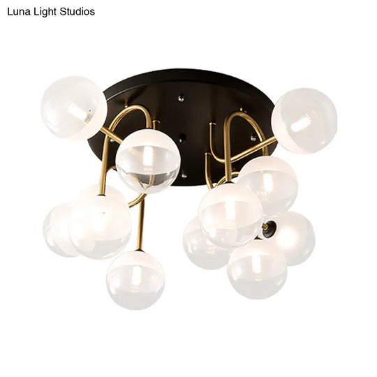 Modernist 12 - Head White Glass Globe Flush Lighting In Brass - Ideal For Living Room Ceiling