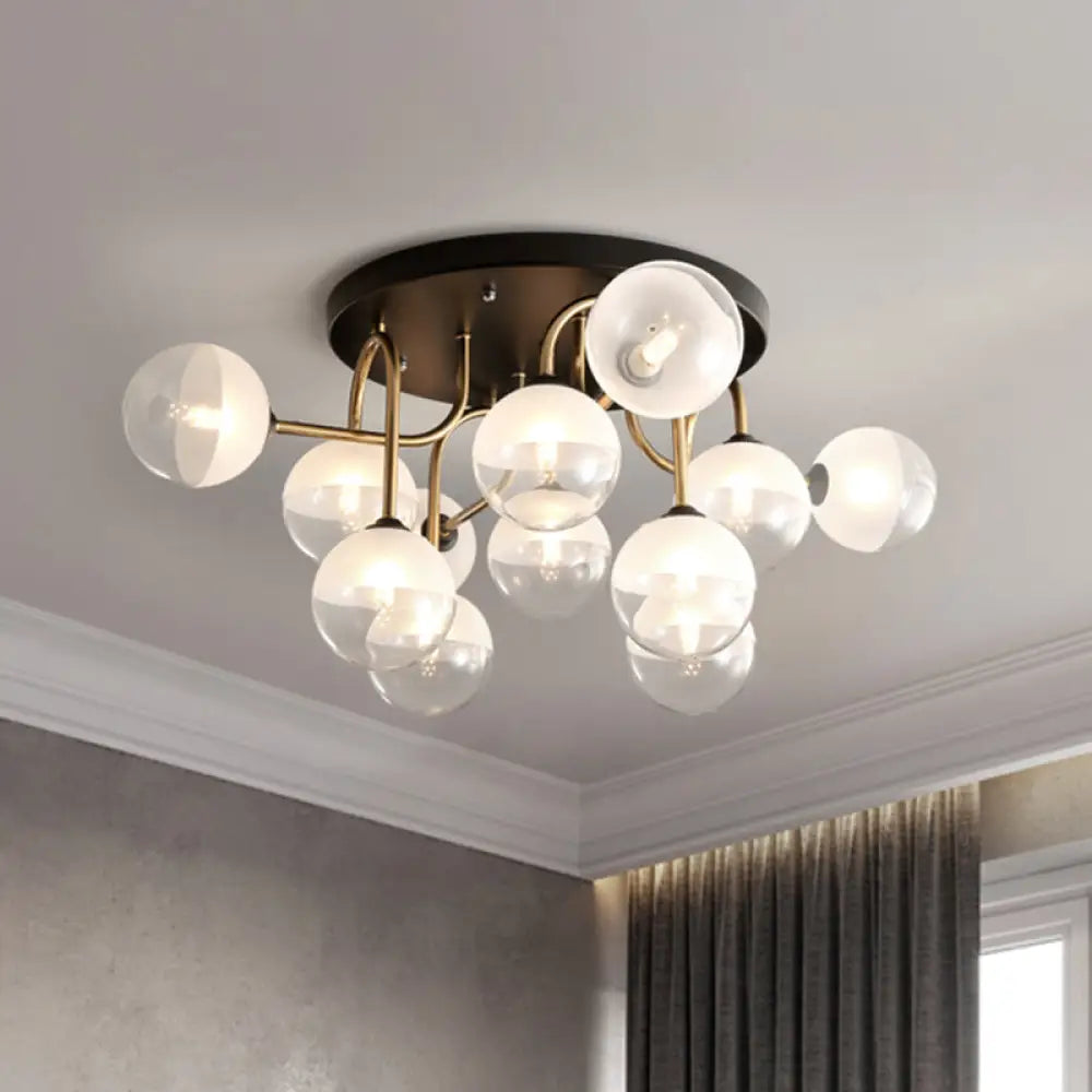 Modernist 12 - Head White Glass Globe Flush Lighting In Brass - Ideal For Living Room Ceiling