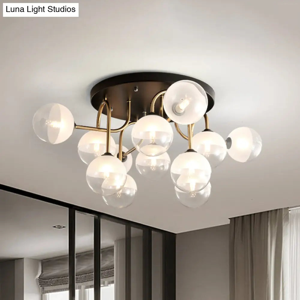 Modernist 12 - Head White Glass Globe Flush Lighting In Brass - Ideal For Living Room Ceiling