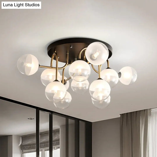 Modernist 12-Head White Glass Globe Flush Lighting In Brass - Ideal For Living Room Ceiling