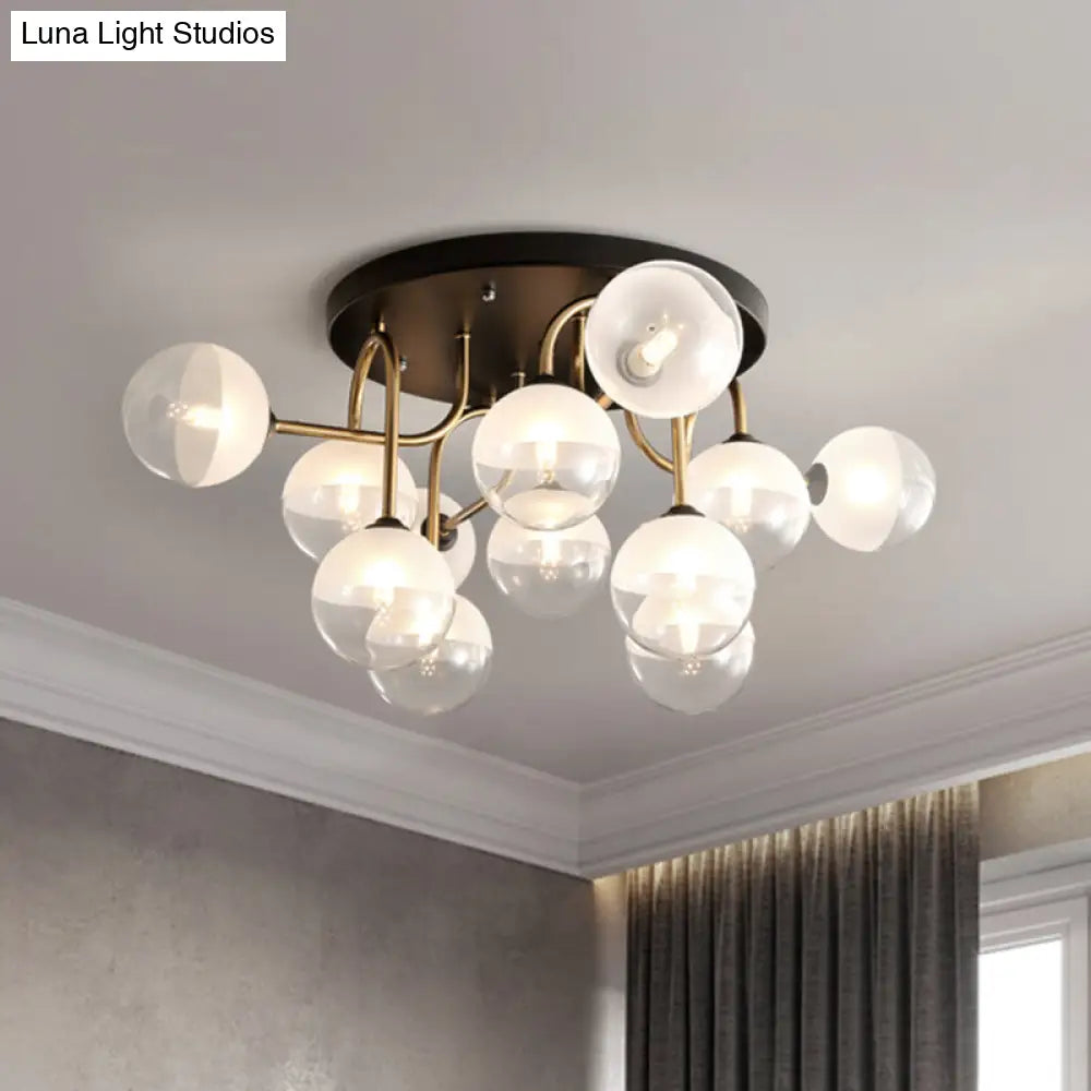 Modernist 12-Head White Glass Globe Flush Lighting In Brass - Ideal For Living Room Ceiling