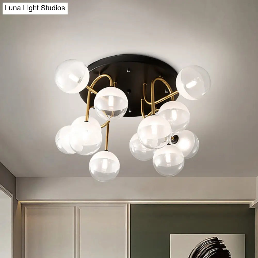 Modernist 12-Head White Glass Globe Flush Lighting In Brass - Ideal For Living Room Ceiling