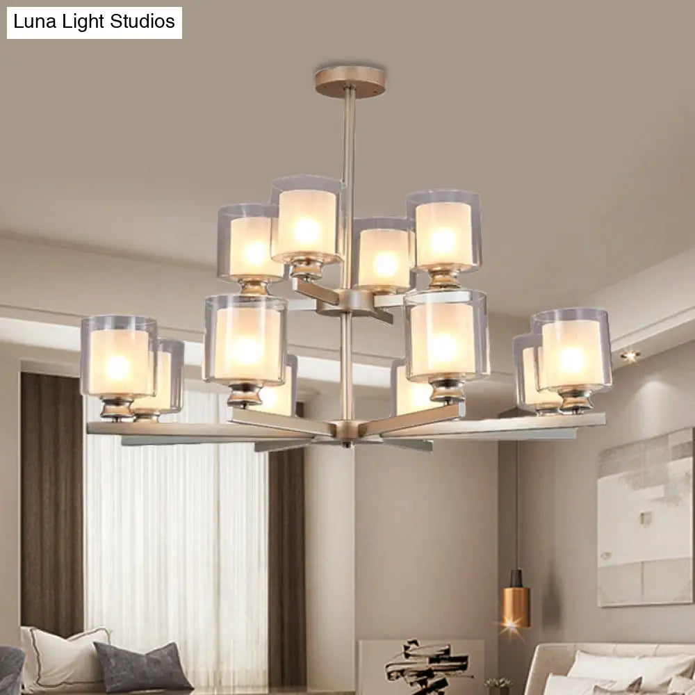 Modernist 2-Tier White Glass Chandelier With Radial Design - 12 Lights: Black/Gold/Silver Hanging