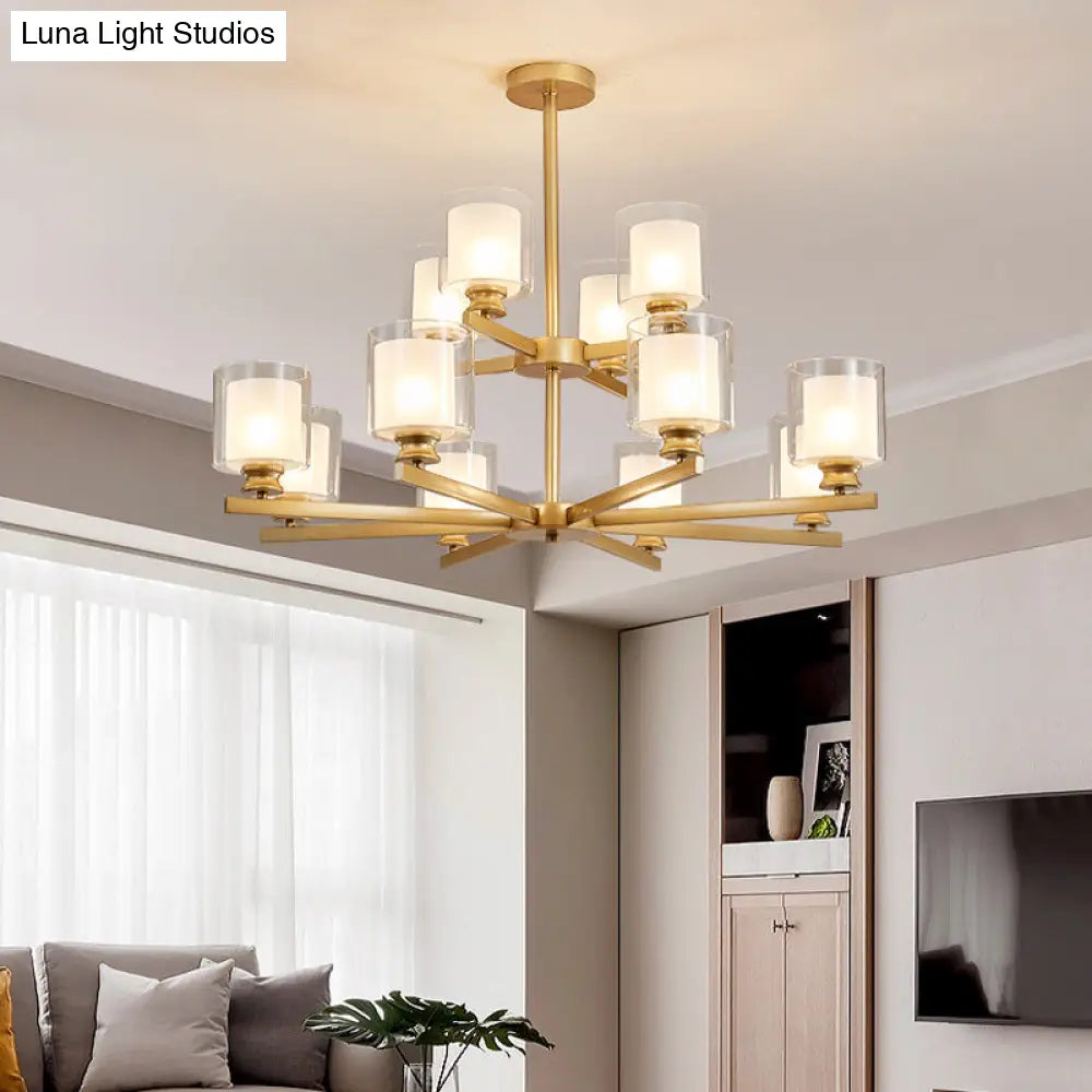 Modernist 2-Tier White Glass Chandelier With Radial Design - 12 Lights: Black/Gold/Silver Hanging