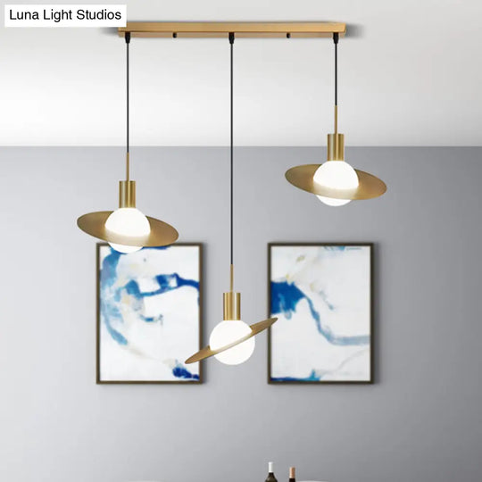 Modernist 3-Head Brass Pendant Light With Milky Glass Cluster - Global Design Panel Ring Detail