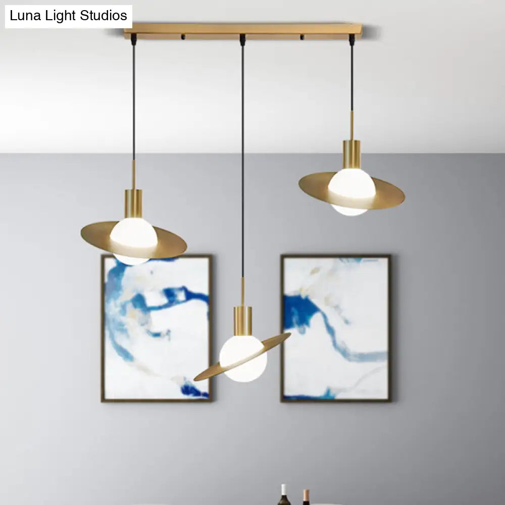 Modernist 3-Head Brass Pendant Light With Panel Ring Detail - Global Milky Glass Cluster Lamp