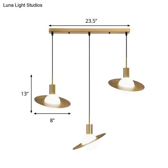 Modernist 3-Head Brass Pendant Light With Panel Ring Detail - Global Milky Glass Cluster Lamp