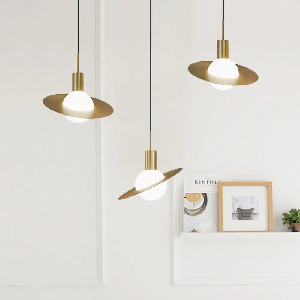 Modernist 3-Head Brass Pendant Light With Milky Glass Cluster - Global Design Panel Ring Detail