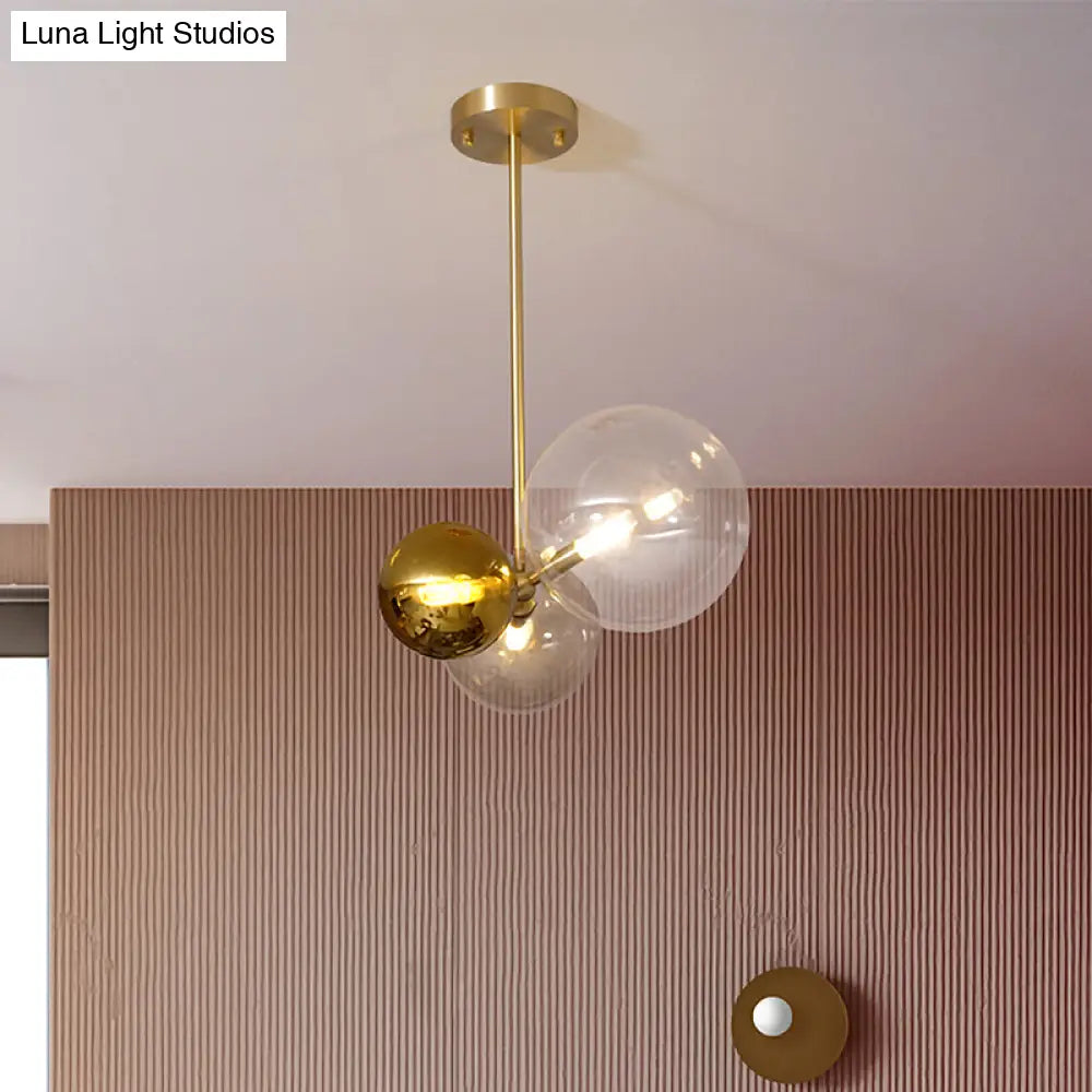 Modernist 3-Head Clear Glass Sphere Chandelier With Gold Accents - Ceiling Pendant Lighting