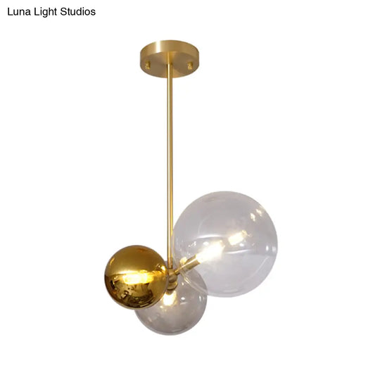 Modernist 3-Head Clear Glass Sphere Chandelier With Gold Accents - Ceiling Pendant Lighting