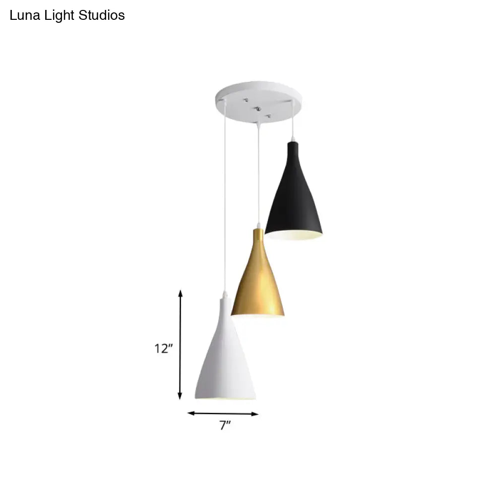 Modernist 3-Light Pendant: White-Black-Gold Conical Ceiling Lamp With Metal Shade Round/Linear