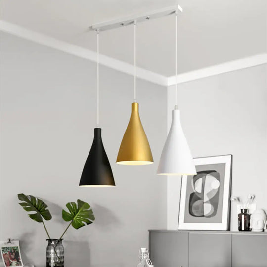 Modernist 3-Light Pendant: White-Black-Gold Conical Ceiling Lamp With Metal Shade Round/Linear