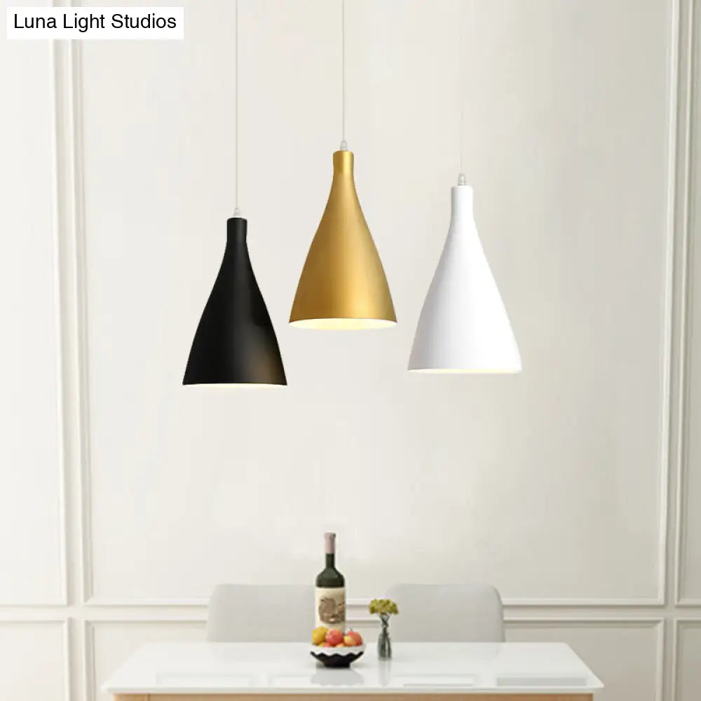 Modernist 3-Light Pendant: White-Black-Gold Conical Ceiling Lamp With Metal Shade Round/Linear