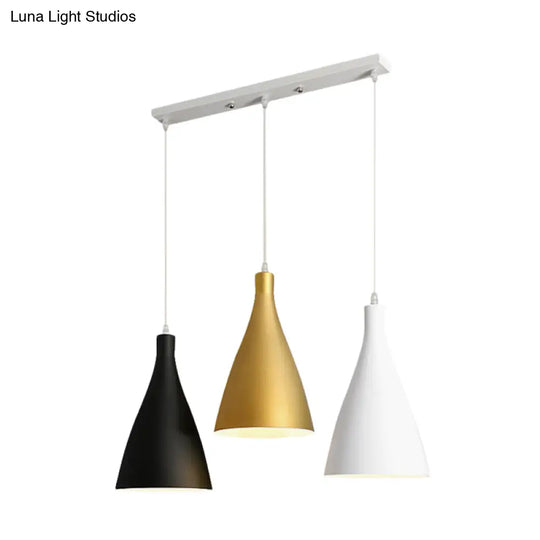 Modernist 3-Light Pendant: White-Black-Gold Conical Ceiling Lamp With Metal Shade Round/Linear