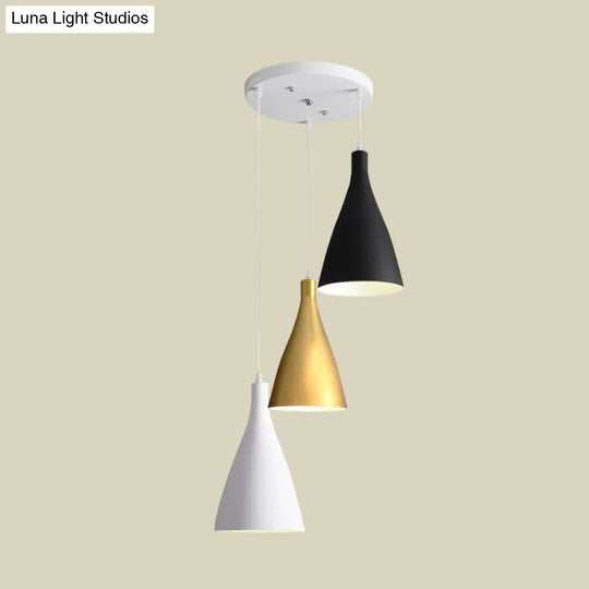 Modernist 3-Light Pendant: White-Black-Gold Conical Ceiling Lamp With Metal Shade Round/Linear