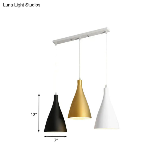 Modernist 3-Light Pendant: White-Black-Gold Conical Ceiling Lamp With Metal Shade Round/Linear