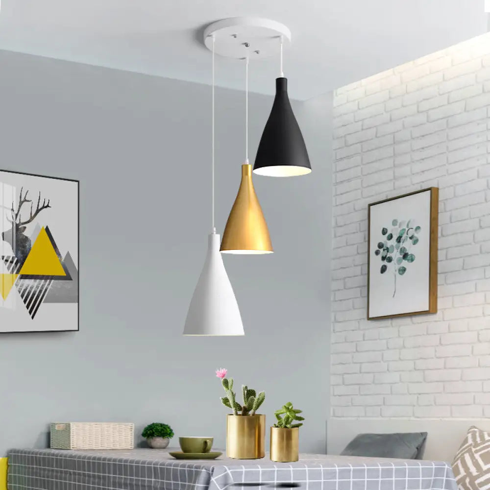 Modernist 3-Light Pendant: White-Black-Gold Conical Ceiling Lamp With Metal Shade Round/Linear