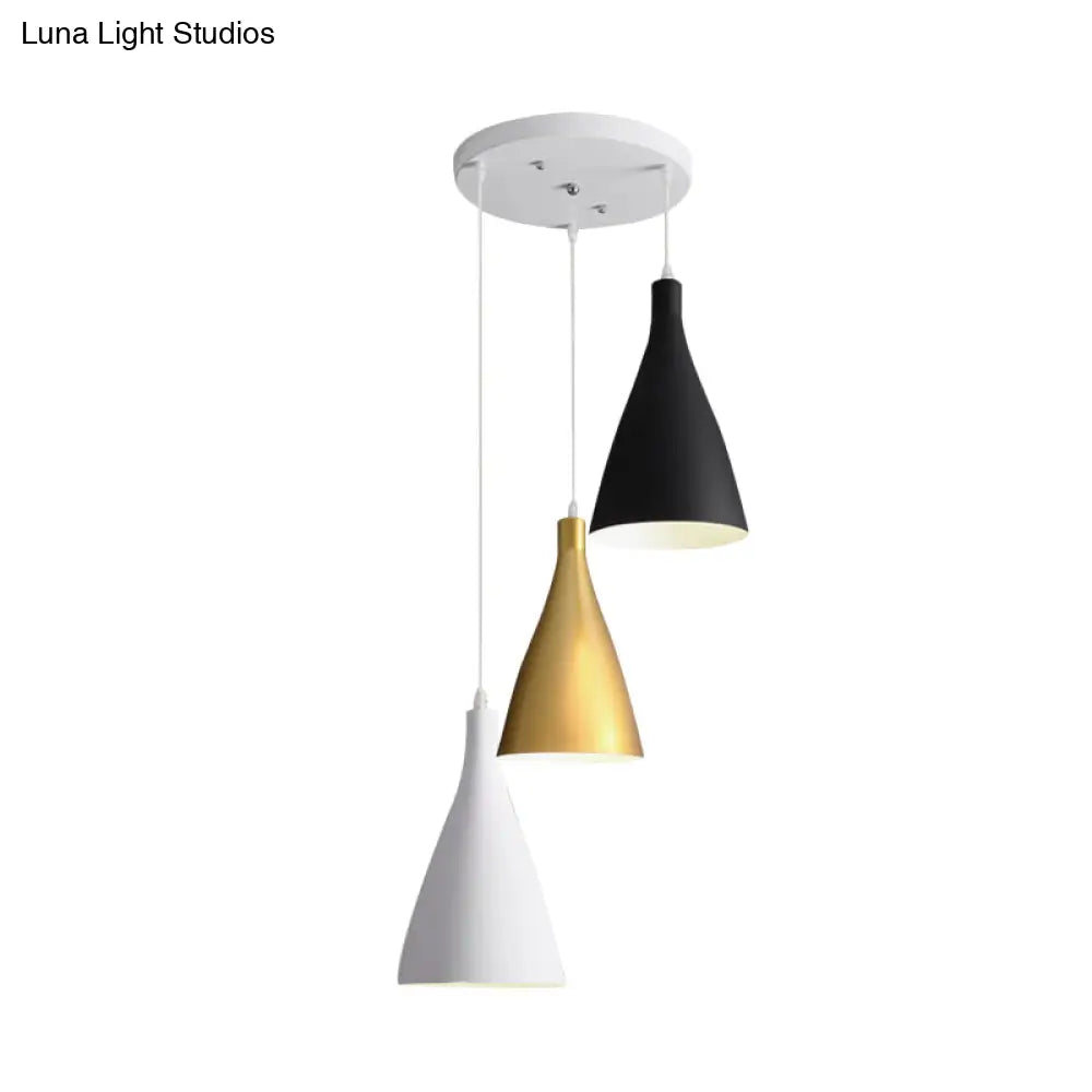 Modernist 3-Light Pendant: White-Black-Gold Conical Ceiling Lamp With Metal Shade Round/Linear